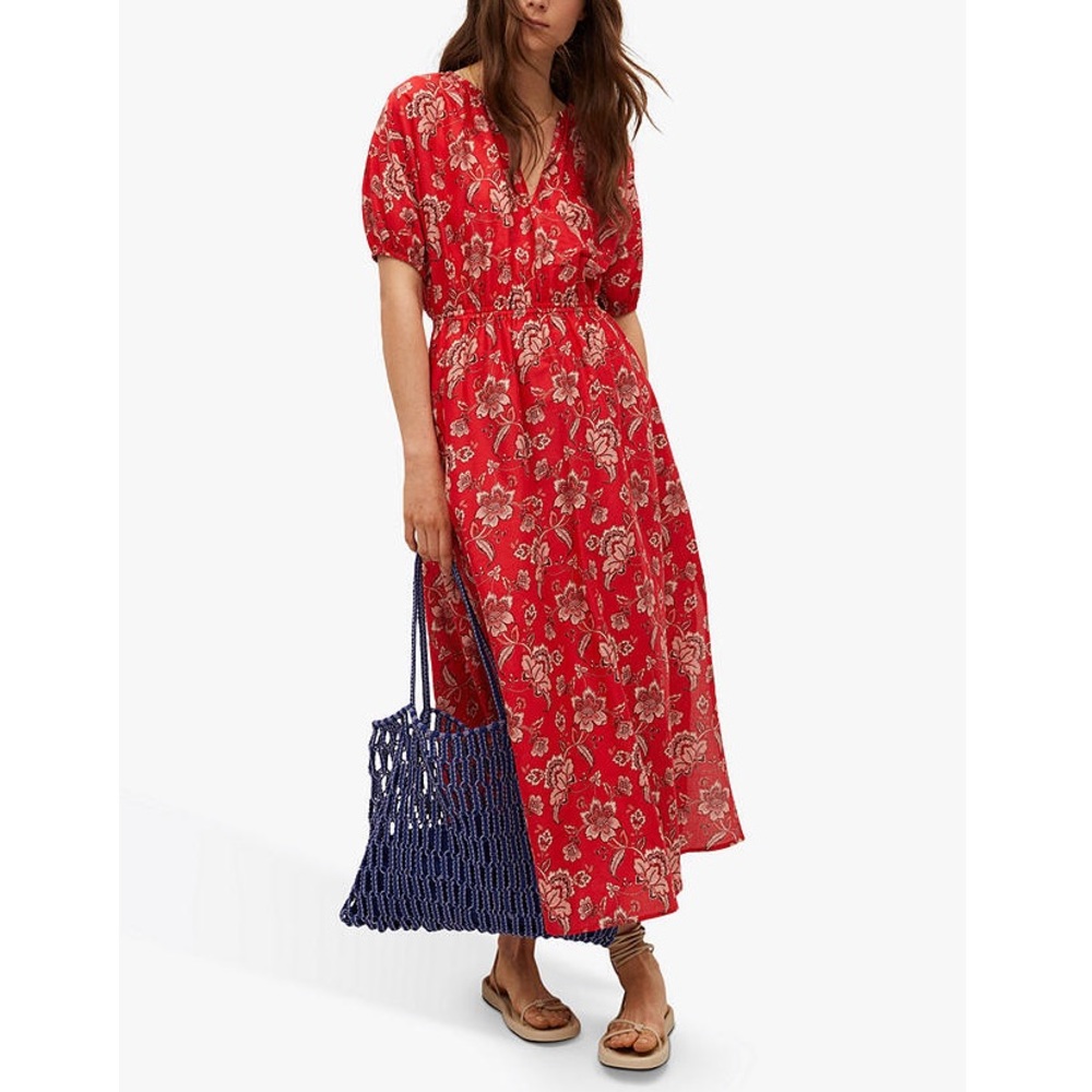 MANGO Red Floral Print Cotton Maxi Dress w/Pockets